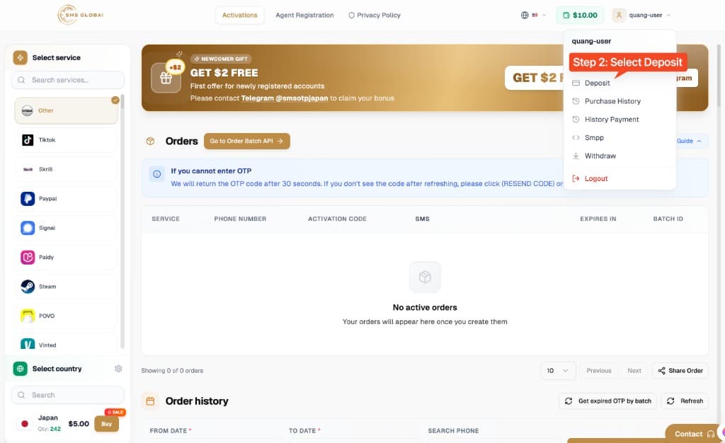 Step 2: select Deposit from the user menu