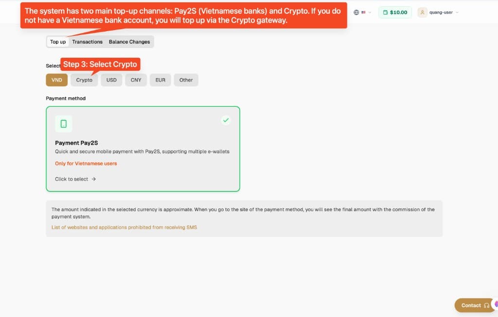 Step 3: select the Crypto currency option